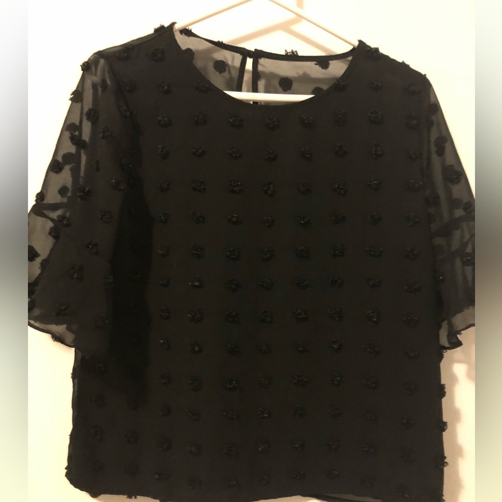 Black dress blouse with flouncy 3/4 sleeves and sheer back